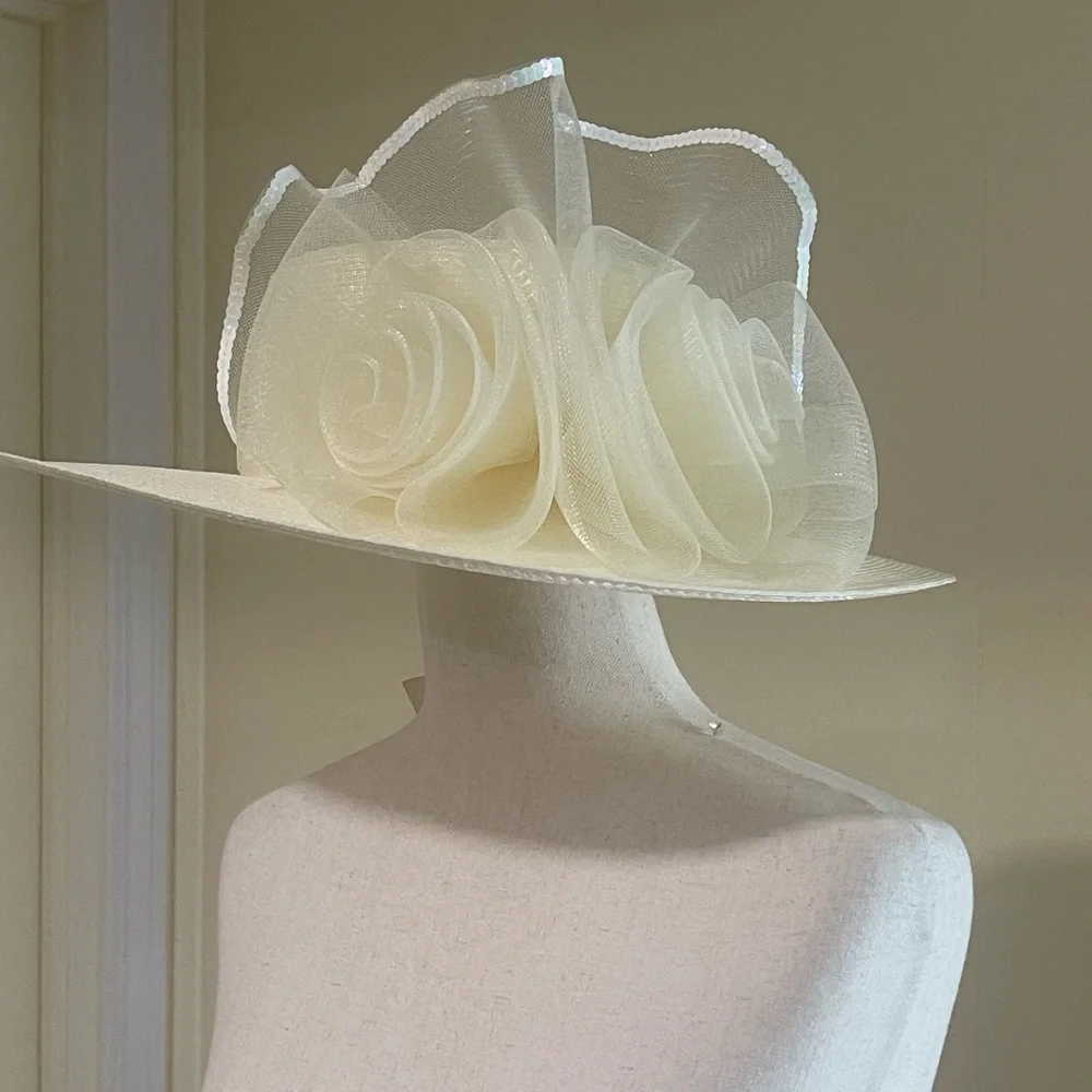 NWT Kathy Jeanne Kettle Hat With Bow Church Wedding Derby Party Ivory One Size - Picture 8 of 11